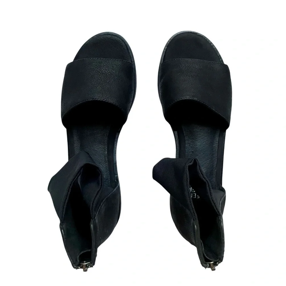 Eileen Fisher Nubuck Leather Zip Back Sign Flats Sandals
